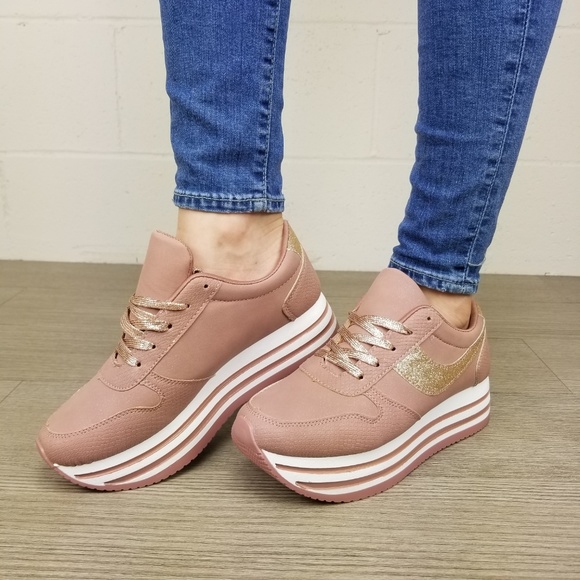 Glittery Pink & White Chunky Platform Sneakers - Picture 6 of 8